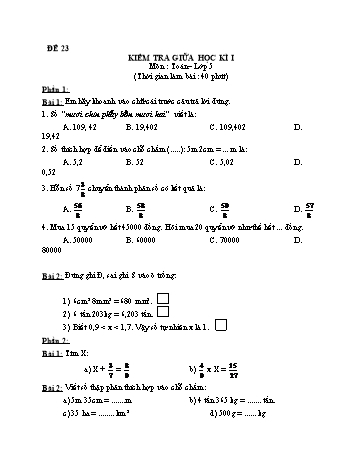Kiểm tra giữa học kì 1 Toán Lớp 5 - Đề 23