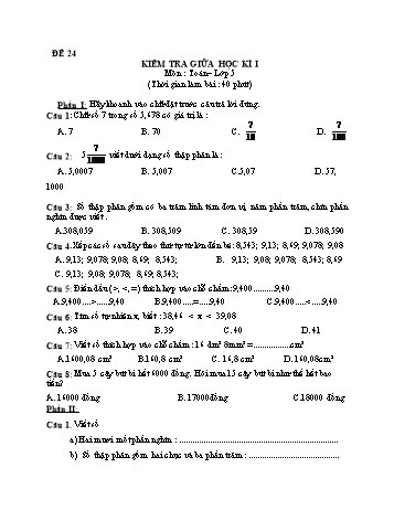 Kiểm tra giữa học kì 1 Toán Lớp 5 - Đề 24
