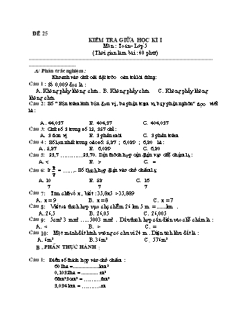 Kiểm tra giữa học kì 1 Toán Lớp 5 - Đề 25