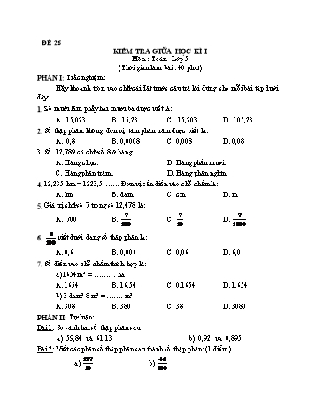 Kiểm tra giữa học kì 1 Toán Lớp 5 - Đề 26