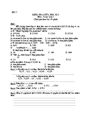 Kiểm tra giữa học kì 1 Toán Lớp 5 - Đề 27