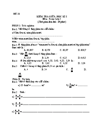 Kiểm tra giữa học kì 1 Toán Lớp 5 - Đề 28