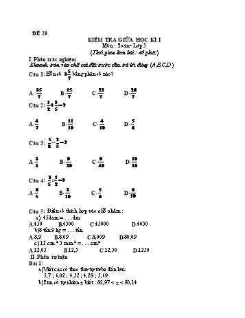 Kiểm tra giữa học kì 1 Toán Lớp 5 - Đề 29
