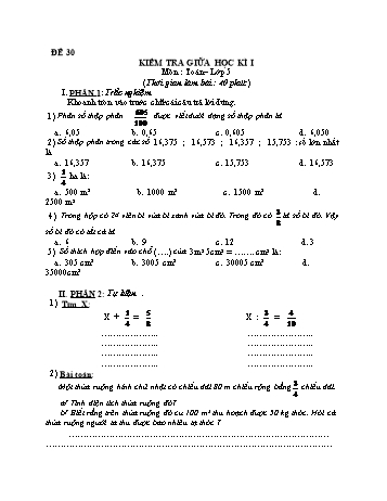 Kiểm tra giữa học kì 1 Toán Lớp 5 - Đề 30