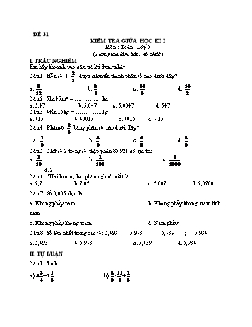 Kiểm tra giữa học kì 1 Toán Lớp 5 - Đề 31