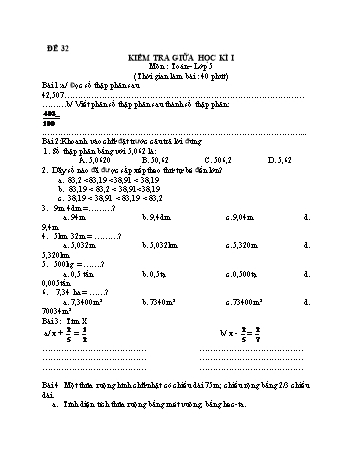 Kiểm tra giữa học kì 1 Toán Lớp 5 - Đề 32