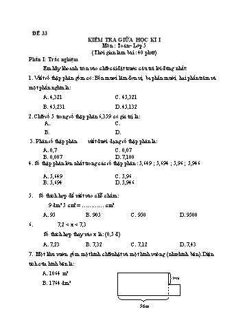 Kiểm tra giữa học kì 1 Toán Lớp 5 - Đề 33