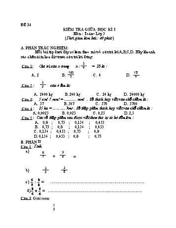 Kiểm tra giữa học kì 1 Toán Lớp 5 - Đề 34