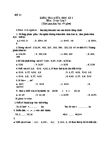 Kiểm tra giữa học kì 1 Toán Lớp 5 - Đề 35
