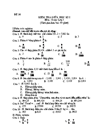 Kiểm tra giữa học kì 1 Toán Lớp 5 - Đề 36