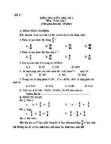 Kiểm tra giữa học kì 1 Toán Lớp 5 - Đề 37