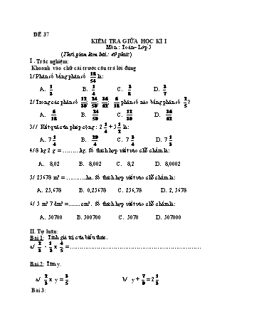 Kiểm tra giữa học kì 1 Toán Lớp 5 - Đề 38