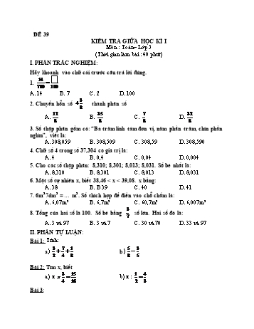 Kiểm tra giữa học kì 1 Toán Lớp 5 - Đề 39