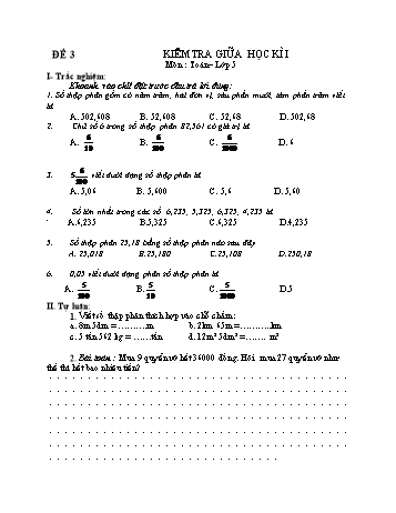 Kiểm tra giữa học kì 1 Toán Lớp 5 - Đề 3