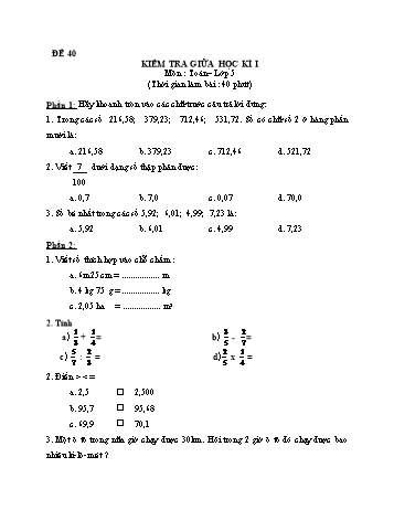 Kiểm tra giữa học kì 1 Toán Lớp 5 - Đề 40