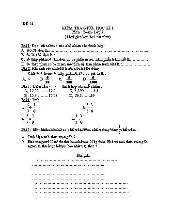 Kiểm tra giữa học kì 1 Toán Lớp 5 - Đề 41