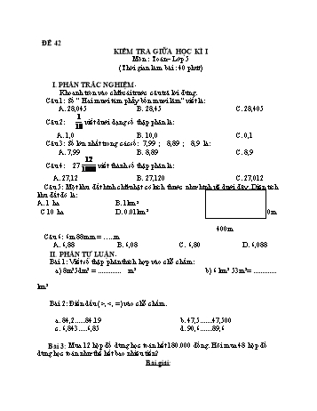 Kiểm tra giữa học kì 1 Toán Lớp 5 - Đề 42