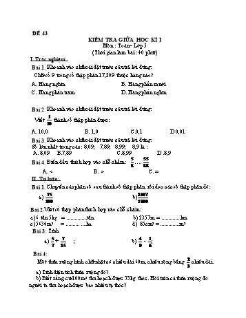 Kiểm tra giữa học kì 1 Toán Lớp 5 - Đề 43