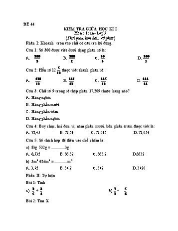 Kiểm tra giữa học kì 1 Toán Lớp 5 - Đề 44