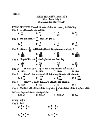 Kiểm tra giữa học kì 1 Toán Lớp 5 - Đề 45