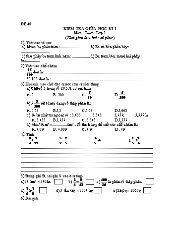 Kiểm tra giữa học kì 1 Toán Lớp 5 - Đề 46