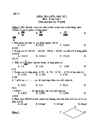 Kiểm tra giữa học kì 1 Toán Lớp 5 - Đề 47