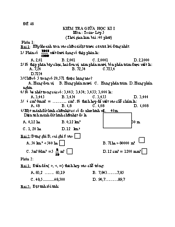 Kiểm tra giữa học kì 1 Toán Lớp 5 - Đề 48