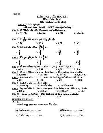 Kiểm tra giữa học kì 1 Toán Lớp 5 - Đề 49