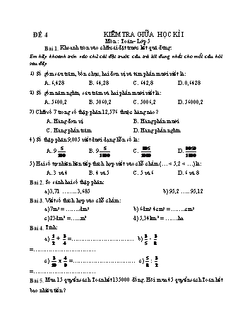 Kiểm tra giữa học kì 1 Toán Lớp 5 - Đề 4