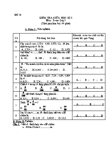 Kiểm tra giữa học kì 1 Toán Lớp 5 - Đề 50