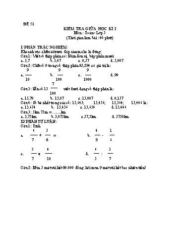 Kiểm tra giữa học kì 1 Toán Lớp 5 - Đề 51