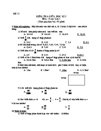 Kiểm tra giữa học kì 1 Toán Lớp 5 - Đề 52