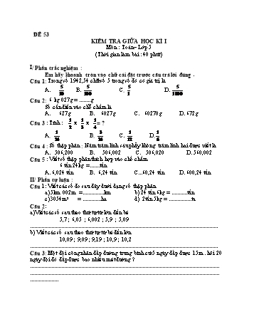 Kiểm tra giữa học kì 1 Toán Lớp 5 - Đề 53