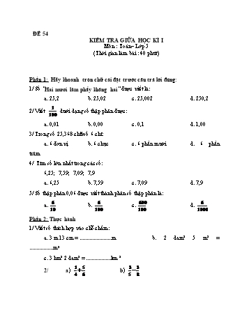 Kiểm tra giữa học kì 1 Toán Lớp 5 - Đề 54