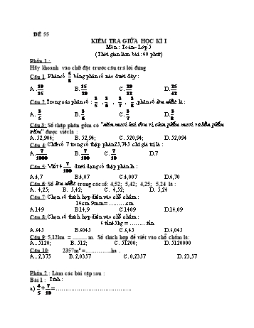 Kiểm tra giữa học kì 1 Toán Lớp 5 - Đề 55