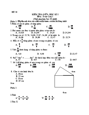 Kiểm tra giữa học kì 1 Toán Lớp 5 - Đề 56