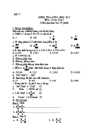 Kiểm tra giữa học kì 1 Toán Lớp 5 - Đề 57