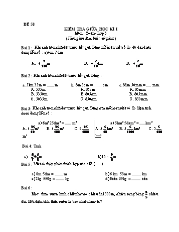 Kiểm tra giữa học kì 1 Toán Lớp 5 - Đề 58