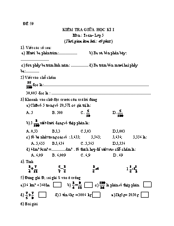 Kiểm tra giữa học kì 1 Toán Lớp 5 - Đề 59