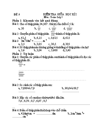 Kiểm tra giữa học kì 1 Toán Lớp 5 - Đề 5