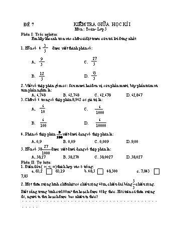 Kiểm tra giữa học kì 1 Toán Lớp 5 - Đề 7