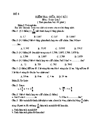 Kiểm tra giữa học kì 1 Toán Lớp 5 - Đề 8
