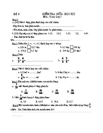 Kiểm tra giữa học kì 1 Toán Lớp 5 - Đề 9