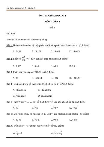 Ôn thi giữa học kì 1 Toán Lớp 5