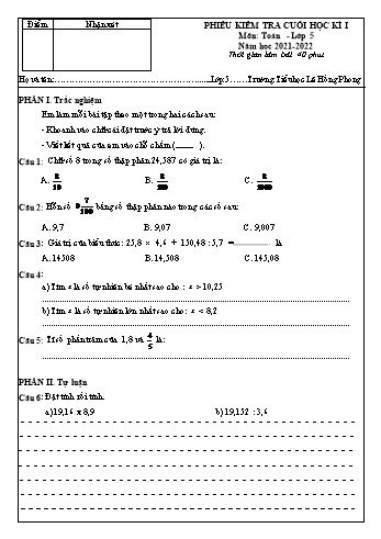 Phiếu kiểm tra cuối học kì 1 Toán Lớp 5 - Năm học 2021-2022