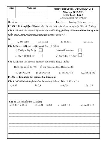 Phiếu kiểm tra cuối học kì 1 Toán Lớp 5 - Năm học 2022-2023 (Có đáp án)