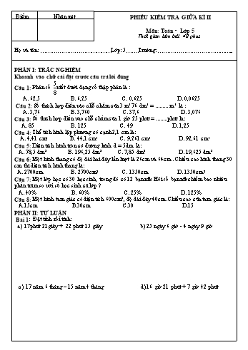 Phiếu kiểm tra giữa kì 2 môn Toán Lớp 5