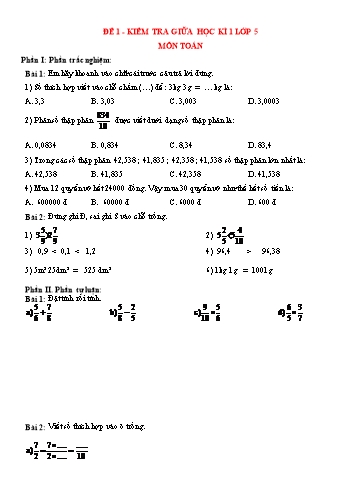10 Đề kiểm tra giữa học kì 1 môn Toán Khối 5