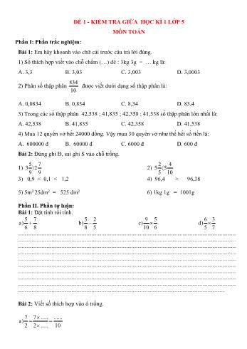 10 Đề kiểm tra giữa học kì 1 Toán Khối 5
