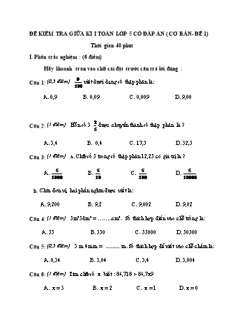 10 Đề kiểm tra giữa học kì 1 Toán Lớp 5 (Cơ bản và nâng cao)